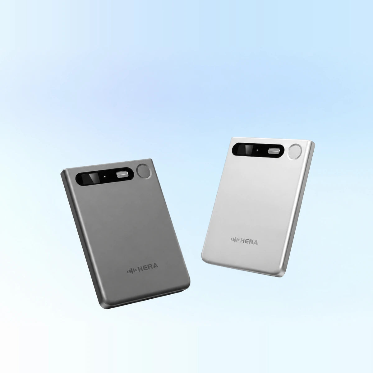 Silver and Gray Hera Card AI voice recorders on a pale blue square background