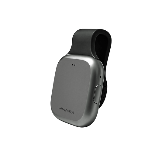 Gray Hera Bond wearable AI voice recorder with black wrist strap on a white background