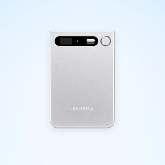 Silver Hera Card AI voice recorder on a pale blue square background