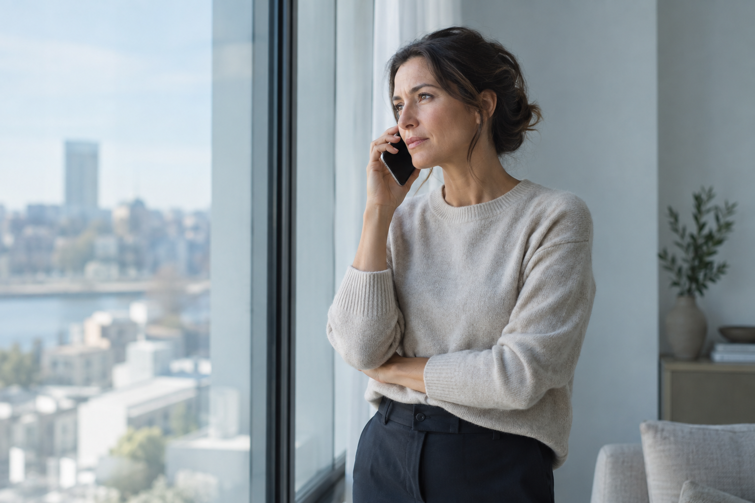 A professional having a phone conversation beside a window