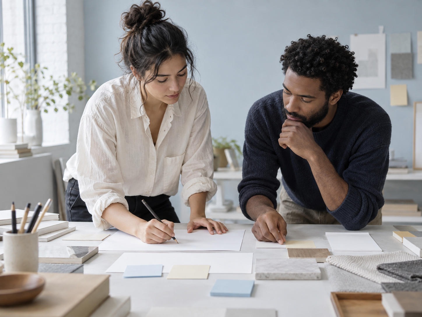 Two colleagues exploring ideas with paper and sketches