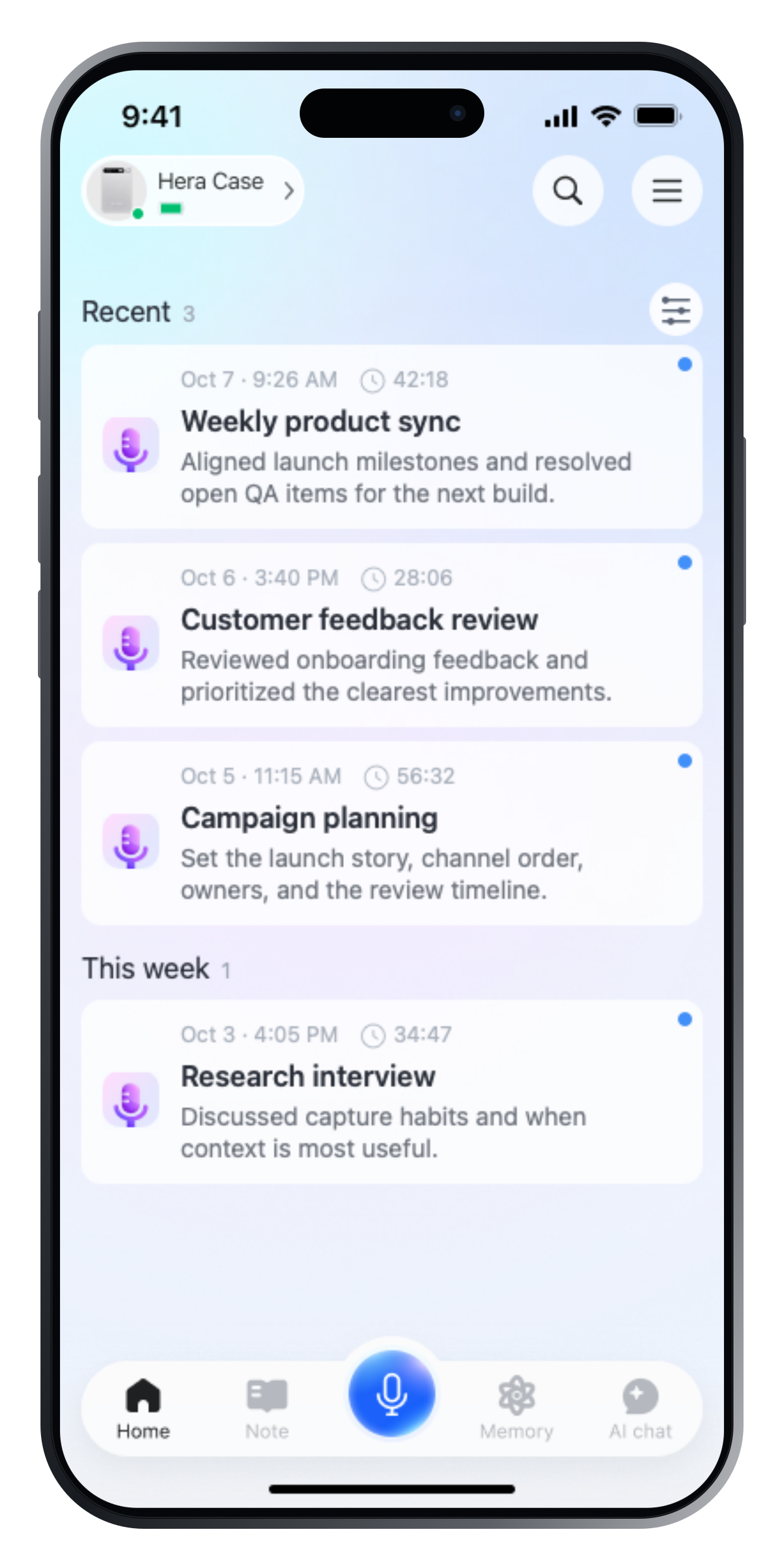 Hera app home screen showing recent recordings